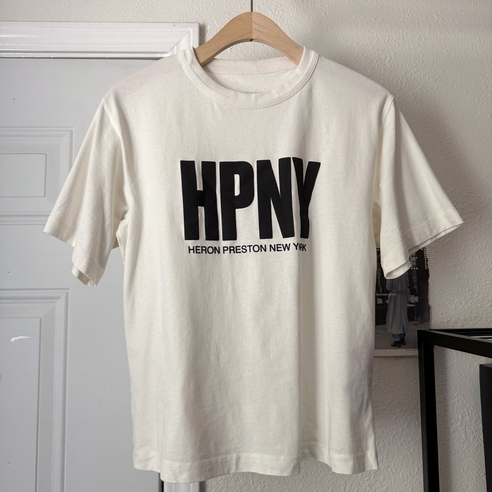 Heron Preston white cotton logo text front‎ green neck knit boxy cropped tshirt